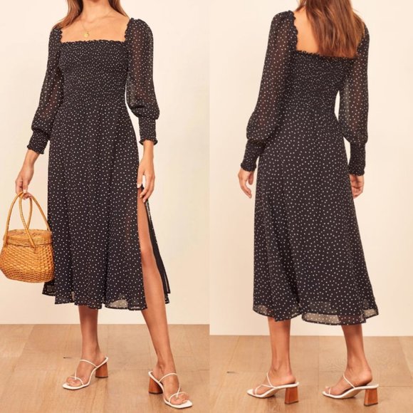 Reformation Dresses & Skirts - Reformation Black Polka Dot Smocked Midi Dress Size XL Rowan Selene Ruffle Edge